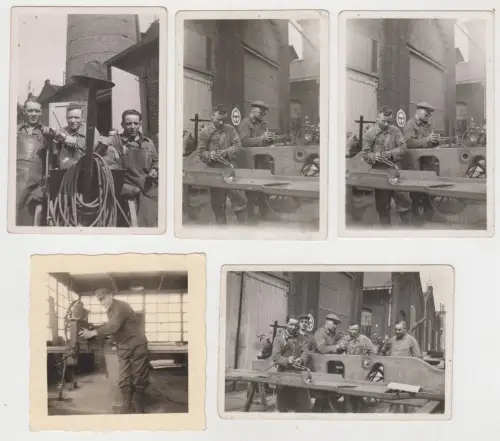 5x Original Vintage Fotos 1940, Westwaggon Köln-Deutz, Waggonbau, Fabrikarbeiter