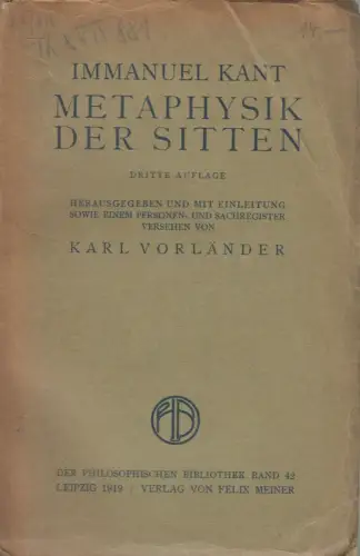 Buch: Metaphysik der Sitten, Immanuel Kant, 1922, Felix Meiner Verlag