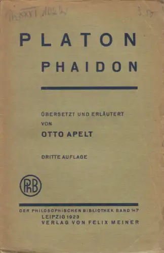 Buch: Phaidon oder über die Unsterblichkeit der Seele, Platon, 1923, F. Meiner