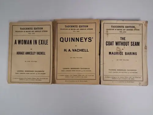 3x Tauchnitz Edition: A Woman in Exile / Quinneys' / The Coat without Seam