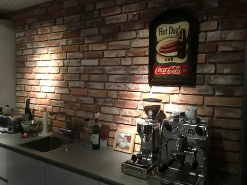 Retro Wand alte Ziegel Verbender Kamin Verkleidung Ziegelverblender Spaltriemchen echte Backsteine Ziegelsteine Klinker Riemchen Backsteinwände
