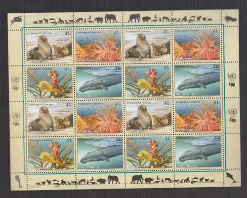 UNO New York 2008 postfrisch  Kleinbogen   "Gefährdete Tierwelt"  Endangered Species