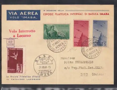 Post Air Mail San Marino 1948 "EXHIBITION International Philatelic BASEL"