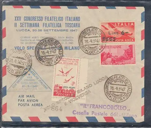 MILAN SPECIAL FLIGHT POSTAL STAMP LUCCA 1947 XXII CONGRESS OF LUCCA