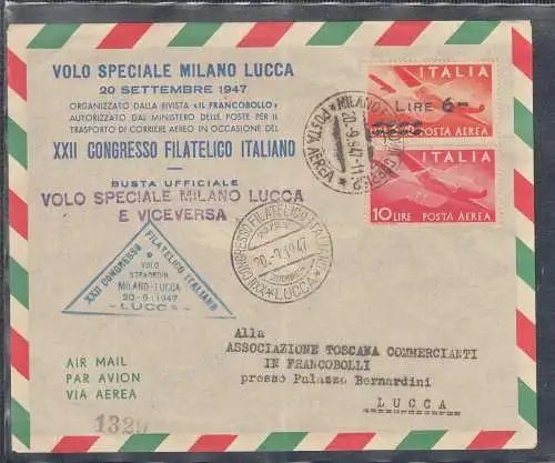 MILAN SPECIAL FLIGHT POSTAL STAMP LUCCA 1947 XXII CONGRESS OF LUCCA
