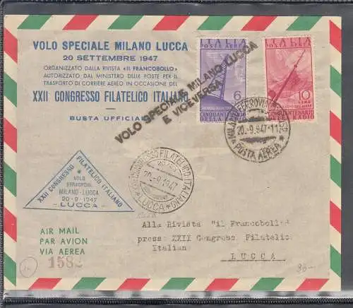 MILAN SPECIAL FLIGHT POSTAL STAMP LUCCA 1947 XXII CONGRESS OF LUCCA