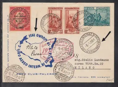 Luftpost in Mailand 1951 "TOUR OF SICILY INTERNATIONAL PLANE"