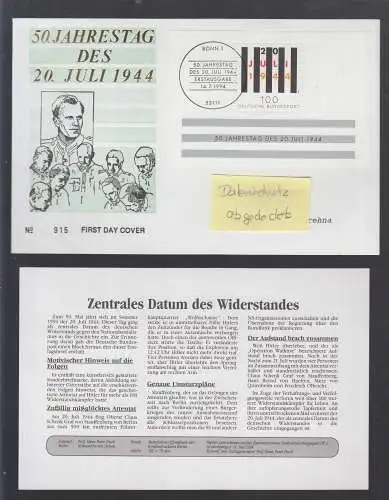 Bund BRD Brief + Beschr.  1994 -  50. Jahrestag des 20. Juli 1944 Widerstand gegen das NS-Regime