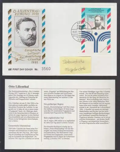 BRD Brief + Beschr. 1991 - Otto Lilienthal (1848-1896), Flugpionier; Lilienthal-Gleiter