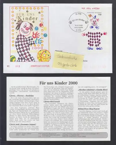 Bund BRD Brief + Beschr.  2000 - Für uns Kinder:  Clown Pierrot Harlekin