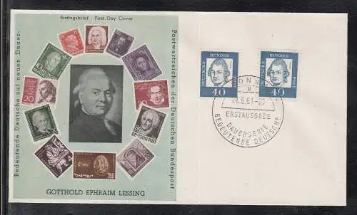 BRD 1961 FDC/Brief (g) Bedeutende Deutsche  Dichter Gotthold Ephraim Lessing