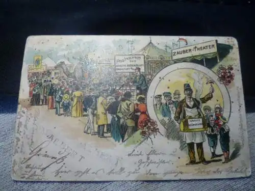 ALTE LITHO POSTKARTE Maimarkt Mannheim   Zauber Theater - Zirkus- Postkartenverkauf ,,, 1904 gelaufen Mannheim-Ochsenburg