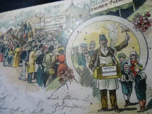 ALTE LITHO POSTKARTE Maimarkt Mannheim   Zauber Theater - Zirkus- Postkartenverkauf ,,, 1904 gelaufen Mannheim-Ochsenburg