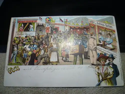 ALTE LITHO POSTKARTE VOLKSFEST BAD CANNSTATT  Schiess Salon Kasper Theater  16.Jul.1900 gelaufen Esslingen - Obertürkheim