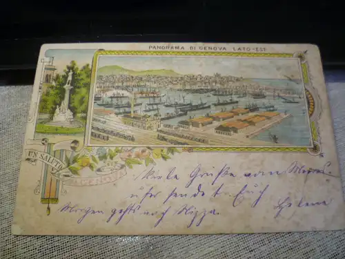 Lithographie Genova -Lato Est , Hafenpanorama Denkmal Mont. C. Colombo und Stadtpanorama gelaufen 1903 