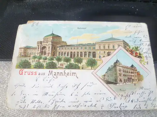 Mannheim Bahnhof u Post col. Karte  gelaufen 1903