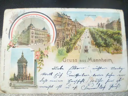 Mannheim .Ringstrasse Kaiserl Postamt Wasserturm col. Karte  gelaufen 1900