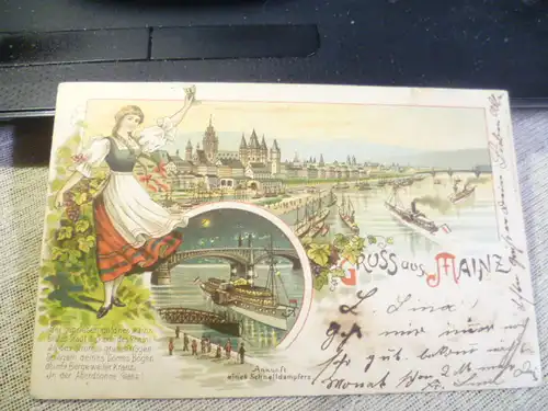 Mainz ; Ankunft eines Schnelldampfers colorierte Karte  gelaufen 8.1900