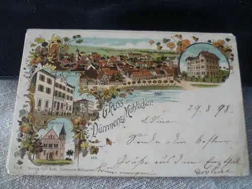 Dürrmenz Mühlacker Baden Württemberg, Litho :  Krankenhaus, Bahnhof, Kirche gelaufen 1898, sehr guter Zustand
