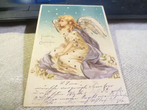 Colorierte Karte ;Engel Goldpuder  Ostern gelaufen 1901