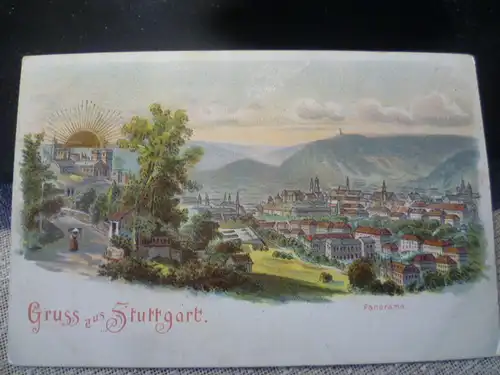 Stuttgart Panorama wie ein Aquarell  lith. AK: Karte n gelaufen um 1900