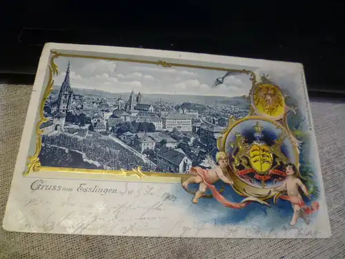Esslingen  Goldprägung Wappenkartusche ALTE LITHO AK  15.Jul.1900 gelaufen Esslingen - Obertürkheim