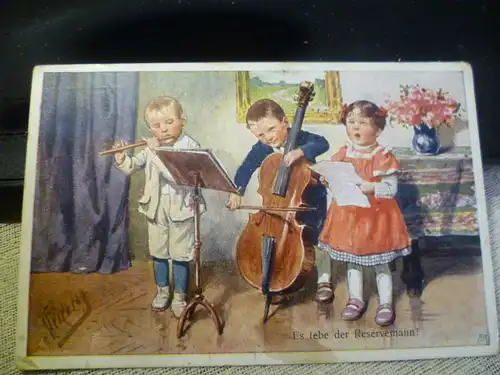 Künstlerpostkarte Kinder beim Musizieren : Es lebe der Resevemann n gelaufen um 1920