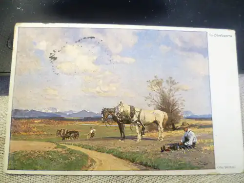 Otto Strützel : Pflügender Bauer AK  farbig  gelaufen um  1918  Kaiserliche Marine wohl von 4 Kom. 1 Batl. Marine INf. Reg  Feldpost