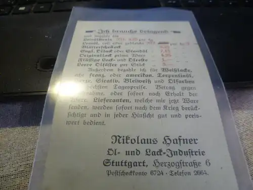 NIkolaus Hafner Stuttgart  AK: Öl und Lackindustrie Herzogstrasse 6  Karte gelaufen 1916