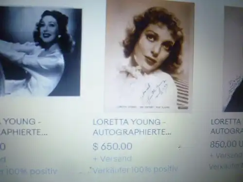 Original autograph Loretta Young,actually Gretchen Michaela Young 1913 in Salt Lake City, Utah,  August 12, 2000 in Los Angeles, California