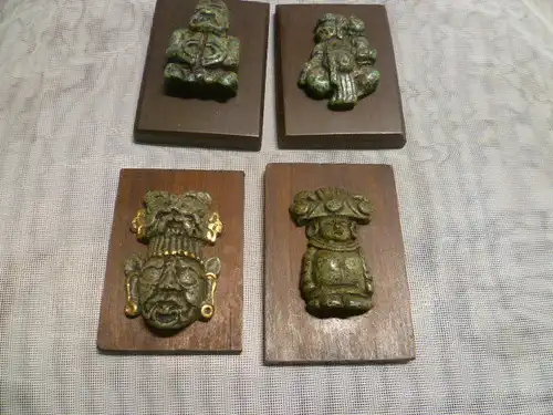 Maya Azteken Malachitsplitt Bildchen  Art Deko 1930 er 4 Stück Set als Konvolut Maße je : 11,5 cm x 7,5 cm