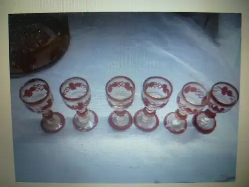 Böhmen Rubinrot bestehend aus 6 Likörglässern Klarglas rubiniert mit umlaufendem Blütendekor Höhe 7,5 cm