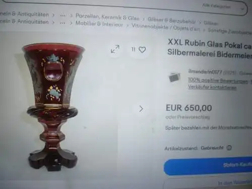 Biedermeier Rubin Andenkenbecher wohl Russland 1840 mit Blumendekor Glas Rotlasur + Gold gehöhte Emaillemalerei zehnfach facettierte Wandung
