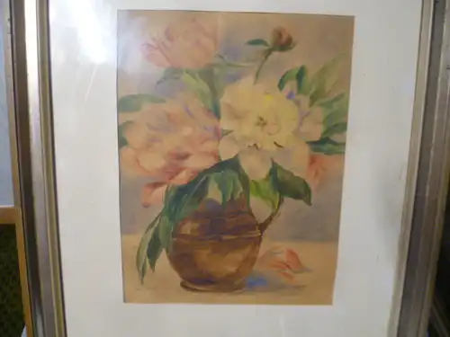 Impressionistisch gemaltes Blumenstilleben auf einem Tisch  Aquarell von Hans Alexander Brunner 1895-1965