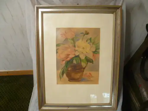 Impressionistisch gemaltes Blumenstilleben auf einem Tisch  Aquarell von Hans Alexander Brunner 1895-1965