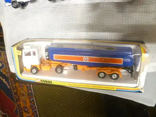 Corgi1160GULF Petrol Tanker with Ford Tilt Cab white cab,orange blue plastic tanker body with Gulf decals to sies and rear, ex shop stock