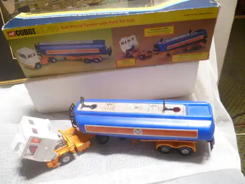 Corgi1160GULF Petrol Tanker with Ford Tilt Cab white cab,orange blue plastic tanker body with Gulf decals to sies and rear, ex shop stock