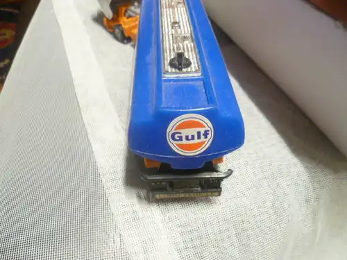 Corgi1160GULF Petrol Tanker with Ford Tilt Cab white cab,orange blue plastic tanker body with Gulf decals to sies and rear, ex shop stock