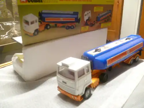 Corgi1160GULF Petrol Tanker with Ford Tilt Cab white cab,orange blue plastic tanker body with Gulf decals to sies and rear, ex shop stock