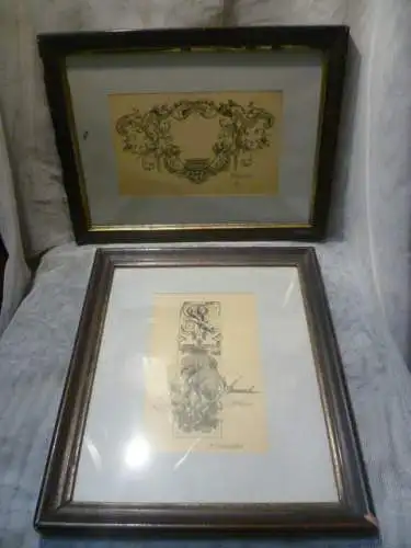 Huschka  Franz Friedrich 1795 - 1875 " Wappenkartusche/Schloss Racici " und "Lüsterweibchen aus Jagdschlosszimmer" gemalt 1860