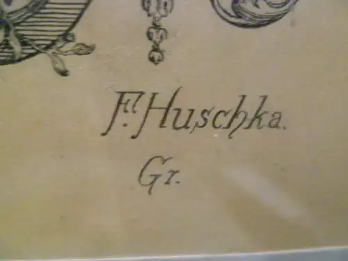 Huschka  Franz Friedrich 1795 - 1875 " Wappenkartusche/Schloss Racici " und "Lüsterweibchen aus Jagdschlosszimmer" gemalt 1860