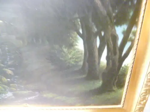 Gemälde in der Art des Hans Thoma 1839 - 1924  "Idyllische Landschaft mit Blick auf 1 Tempelanlage mit Bächlein" 1900