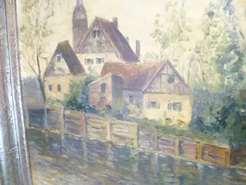 Hans Reif Lahrer Kunstmaler Frühwerk  1913- 2005" Vaihingen an der Enz idyllische Dorfansicht mit Fachwerkhäusern " Ölgemälde auf Lw