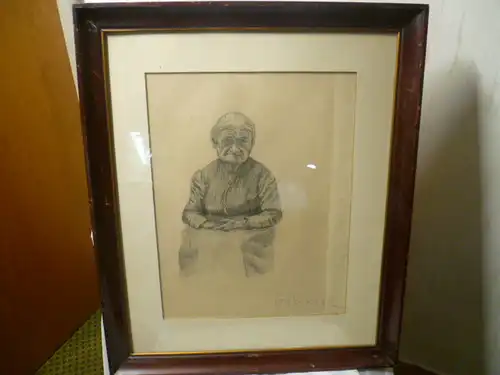 Thoma Hans 1839 -1924 "Greisin = Schwester" um 1900-1910 Kohle oder Silbestiftzeichnung um 1900 - 1910 entstanden , rechts im Bild signiert