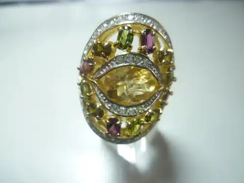 Citrin Turmalin  Weisstopasen voll ausgefasst  Ring 925 massiv Vintage das Top Geschenk Juwelierware aus 1970