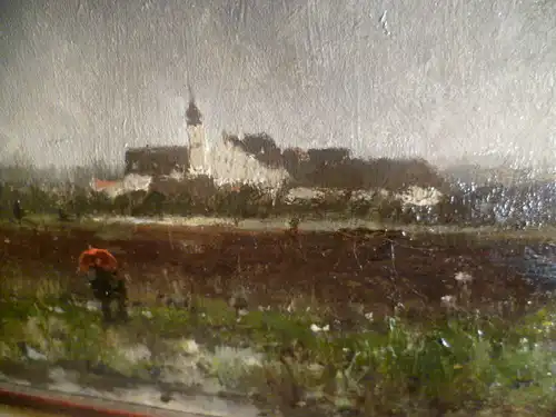 Anton Windmaier 1840 Pfarrkirchen-1896 München"Schloss Emming bei 84347 Eresing , unter mit rotem Regenschirm spazierendesPärchen