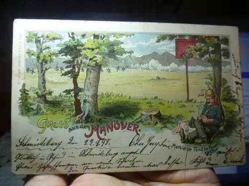 Gruß aus dem Manöver , Schmiedeberg 22.2.1898 gelaufen super erhalten ich möchte gerne Euro 16 für diese Karte