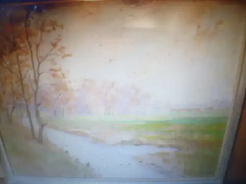 Impressionistisches Landschaftsgemälde Öl auf Pappe "Herbstansicht mit einem Bachlauf im Hintergrund  kleines Dorf Möllers