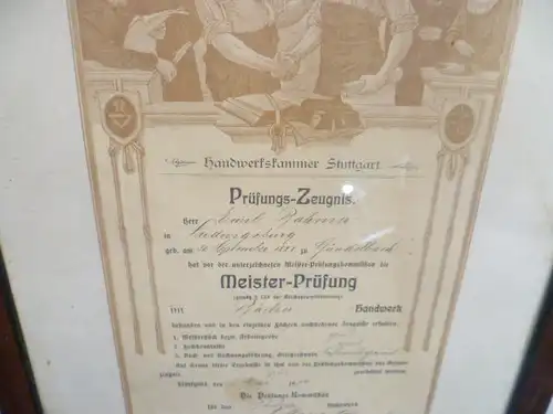 Mai 1914 ausgestellter Meisterbrief Bäckerhandwerk gerahmt in Stuttgart ausgestellt für Bäcker Emil Rahmer Ludwigsburg