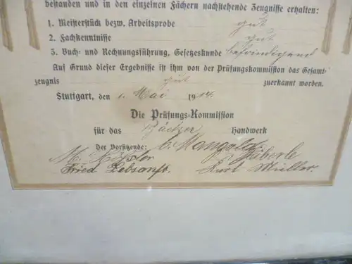 Mai 1914 ausgestellter Meisterbrief Bäckerhandwerk gerahmt in Stuttgart ausgestellt für Bäcker Emil Rahmer Ludwigsburg